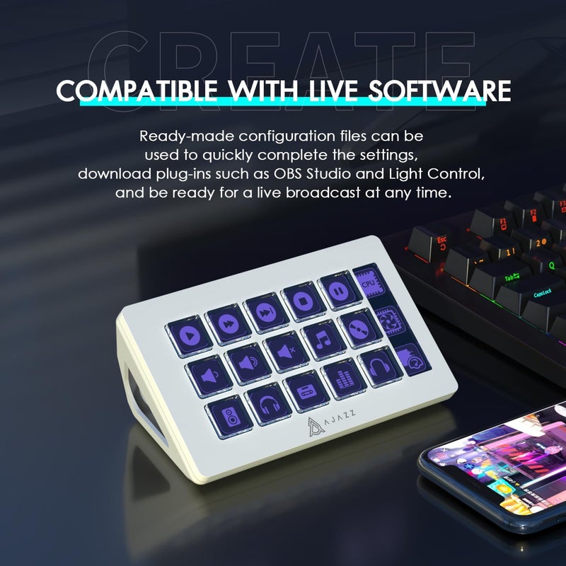 MANBASNAKE AKP153 Studio Deck, Stream Controller, 15 Macro Keys, Trigger Actions in Apps and Software Like OBS, YouTube, Twitch, Custom Console for Photo and Video Editing, Live Streaming, PC/Mac (White) - Image 2